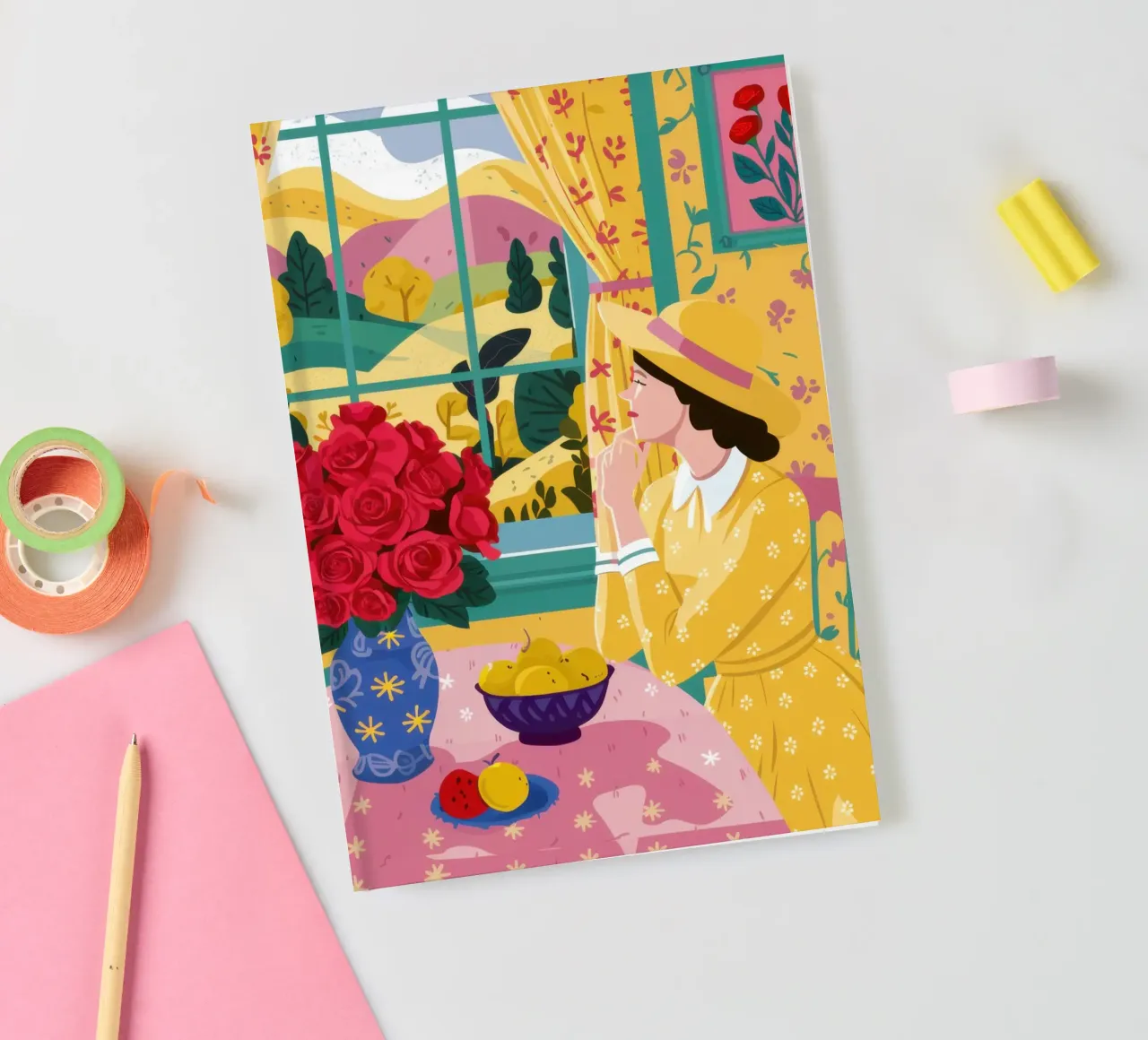 Roses sur table jaune carnet de notes de Ink Pulse