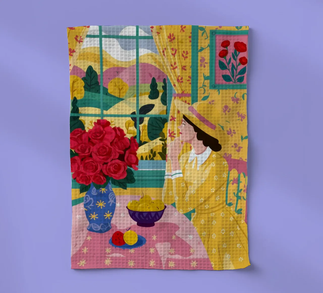 Roses sur table jaune torchon de Ink Pulse