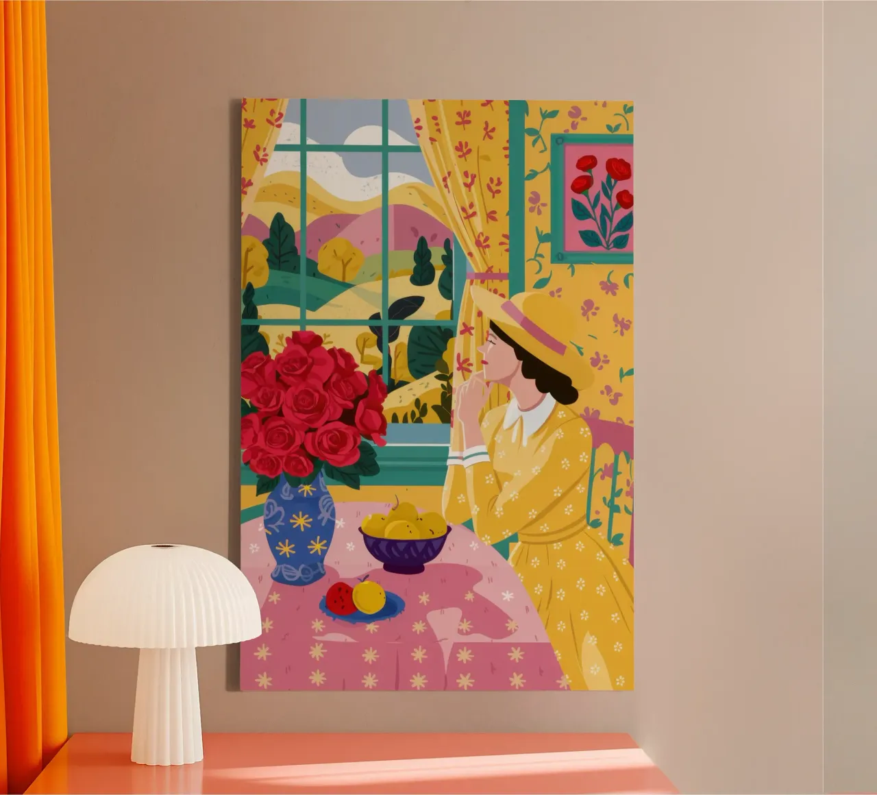 Rozen op gele tafel canvas met Baklijst van Ink Pulse