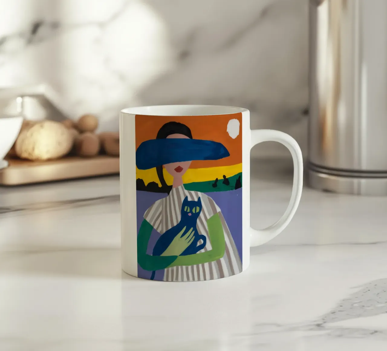 Signora con cappello e gatto tazza in ceramica da Ink Pulse