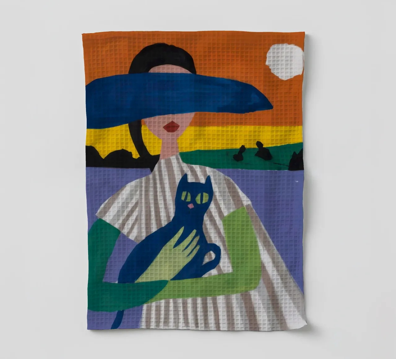 Signora con cappello e gatto canovaccio da cucina da Ink Pulse
