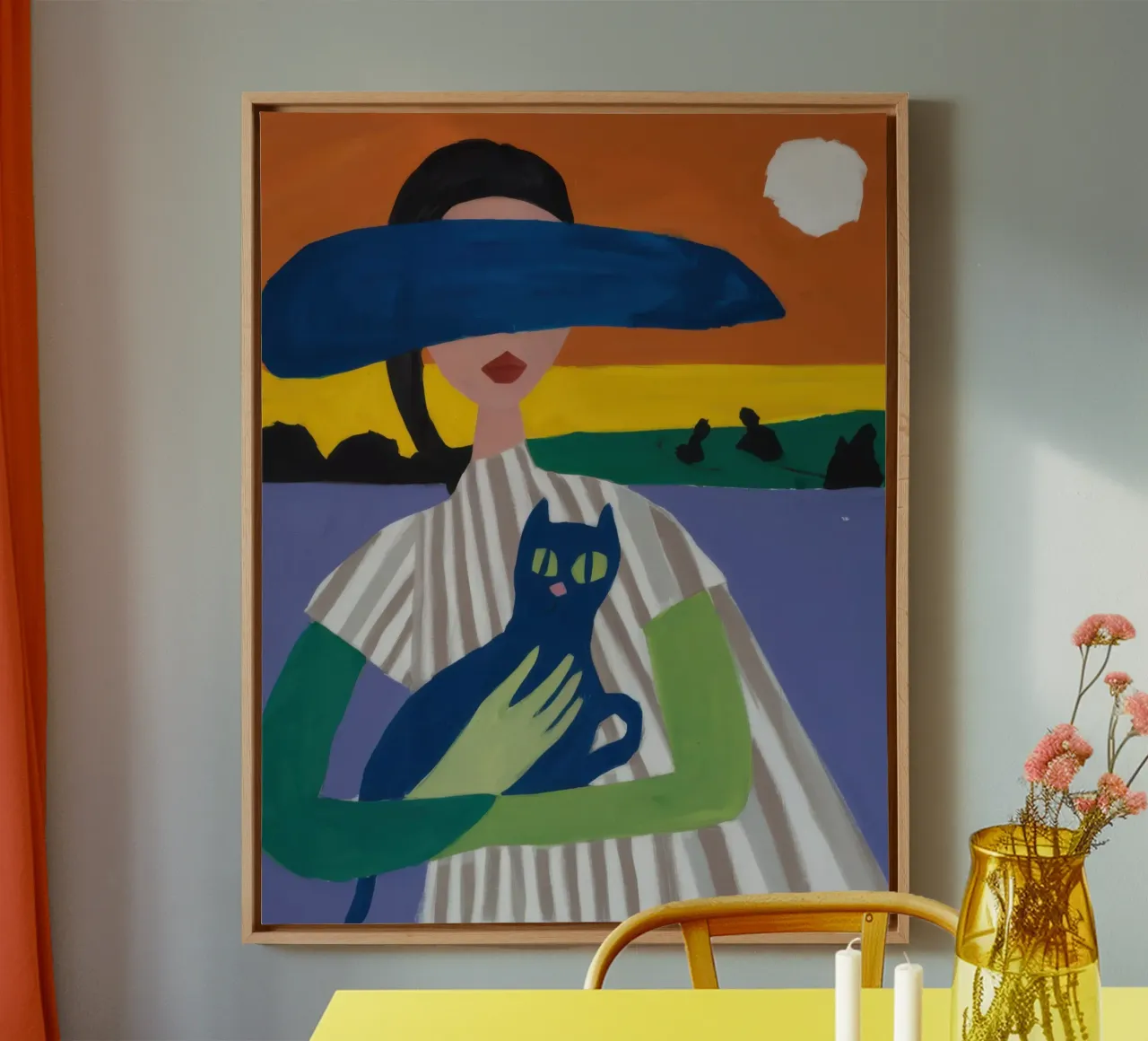 Signora con cappello e gatto tela con Cornice a cassetta da Ink Pulse