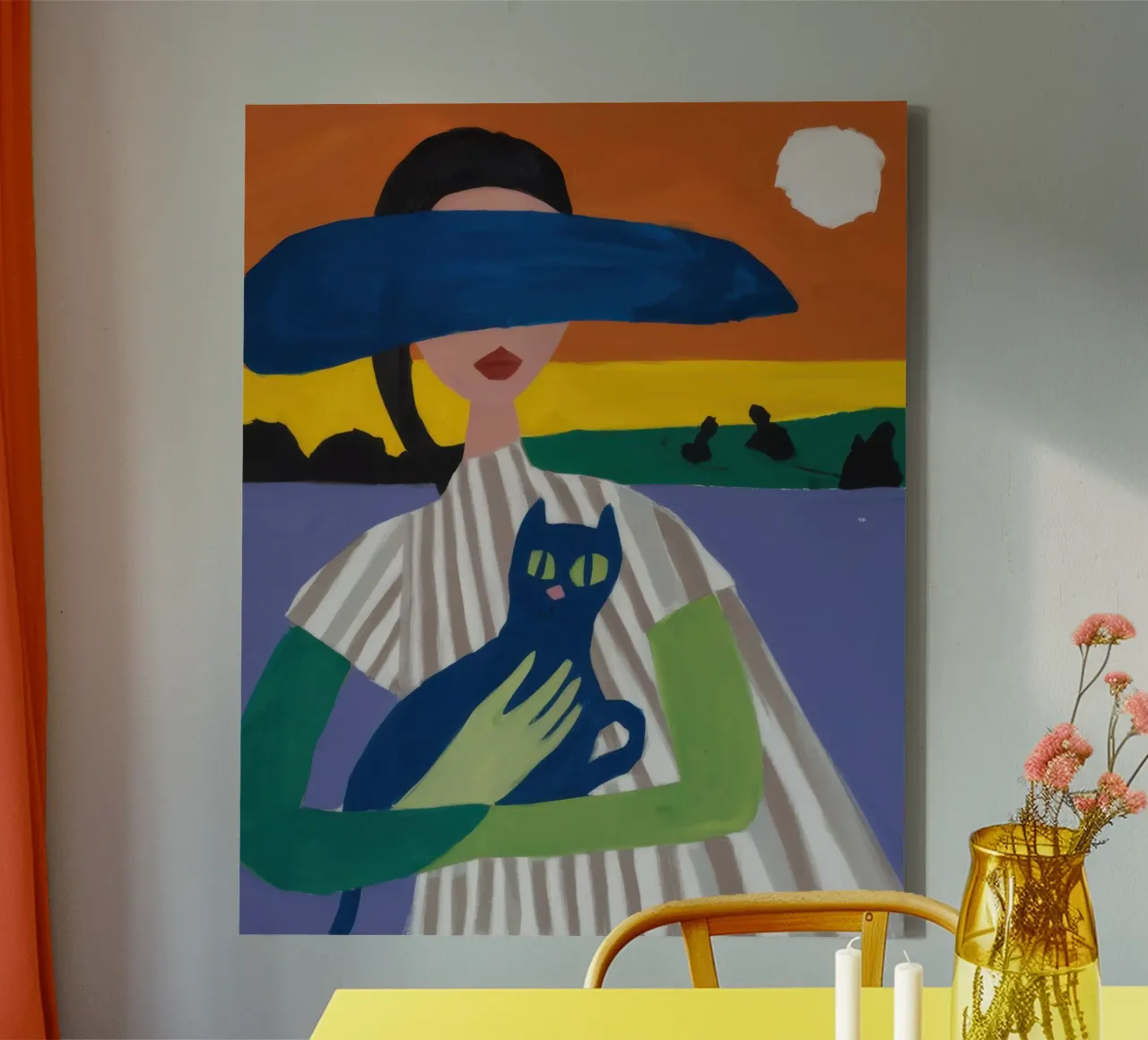 Signora con cappello e gatto tela con Cornice a cassetta da Ink Pulse