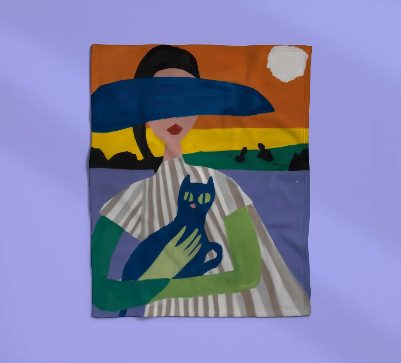 Signora con cappello e gatto coperta in pile da Ink Pulse