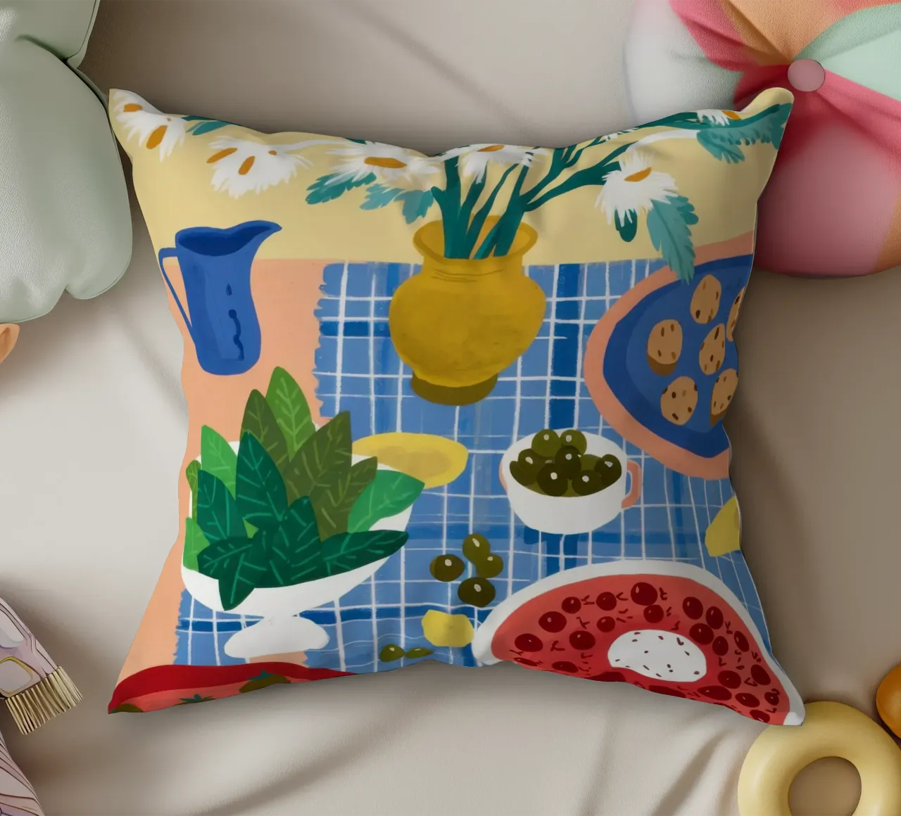 Eclectic Table of Joy decorative cushion by Flock Reverie