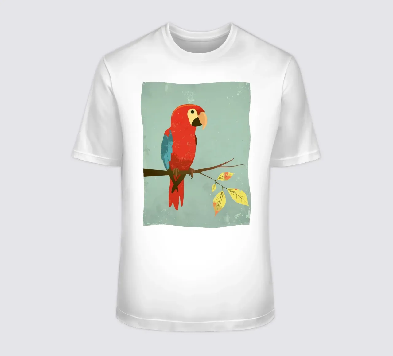 Red parrot perched on a branch surrounded by autumn leaves t-shirt by DesignDoodle