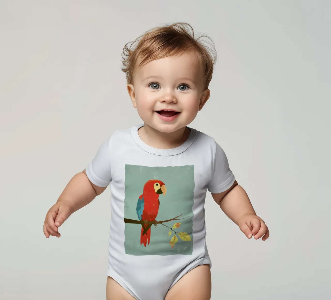 Pappagallo rosso appollaiato su un ramo circondato da foglie d'autunno body neonato maniche corte da DesignDoodle