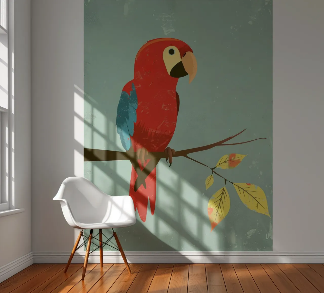 Red parrot perched on a branch surrounded by autumn leaves photo wallpaper by DesignDoodle
