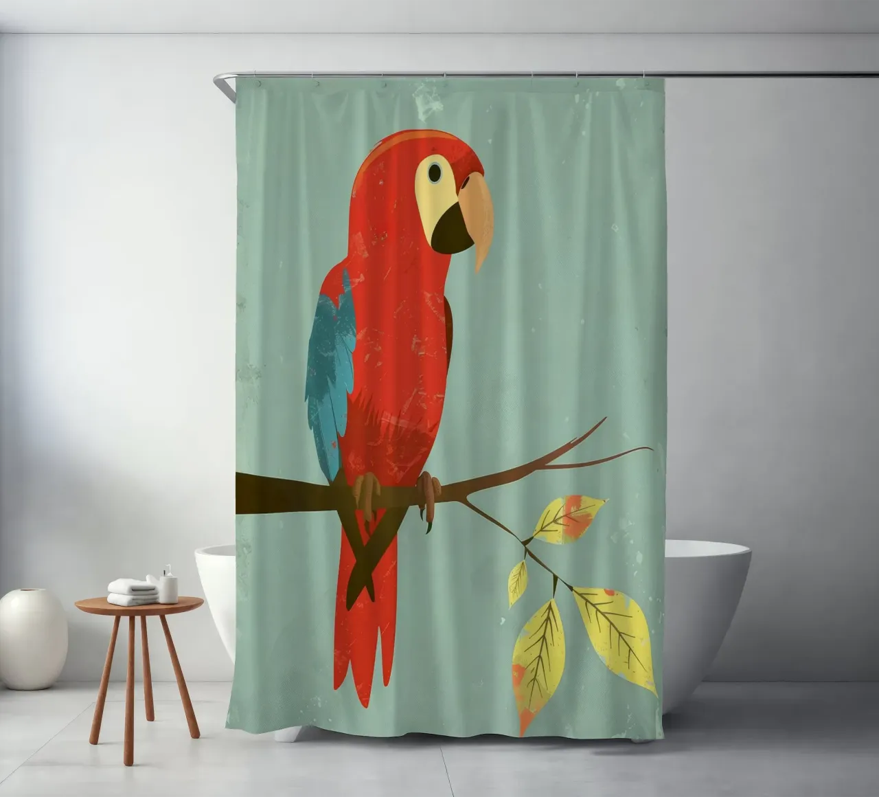 Pappagallo rosso appollaiato su un ramo circondato da foglie d'autunno tenda da doccia da DesignDoodle