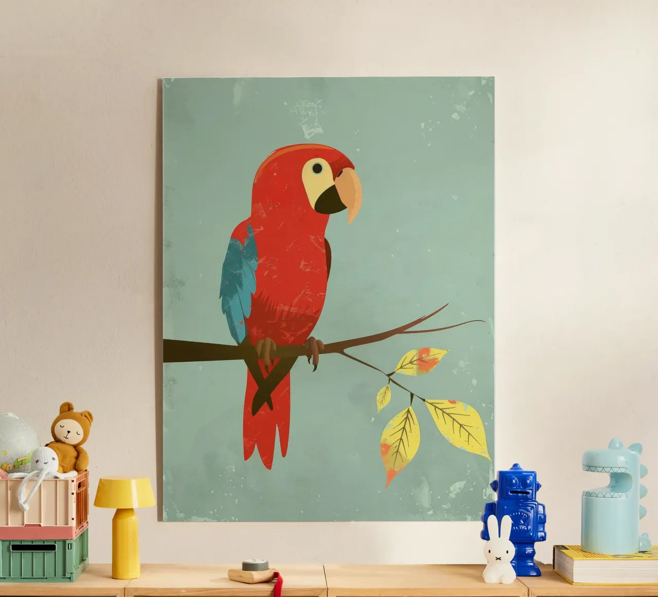 Red parrot perched on a branch surrounded by autumn leaves acrylic glass by DesignDoodle