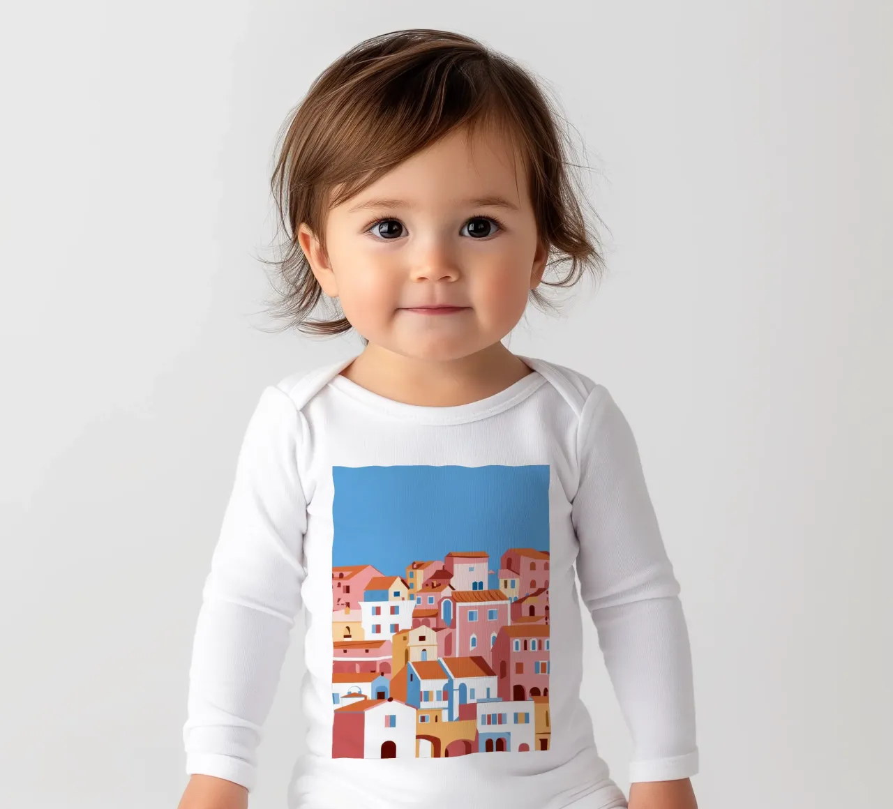 Terrakotta Stadt am Meer Langarm Babybody von Flock Reverie