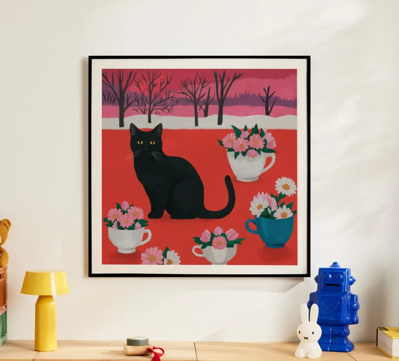 Campo di fiori del gatto nero poster con telaio in plastica da Flock Reverie