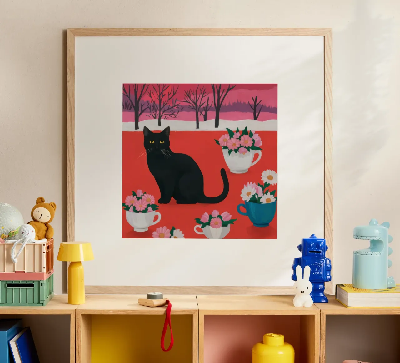 Campo di fiori del gatto nero poster con telaio in plastica da Flock Reverie
