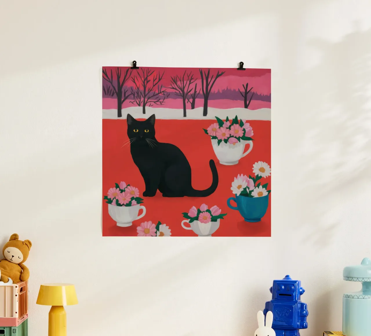 Campo di fiori del gatto nero poster con telaio in plastica da Flock Reverie