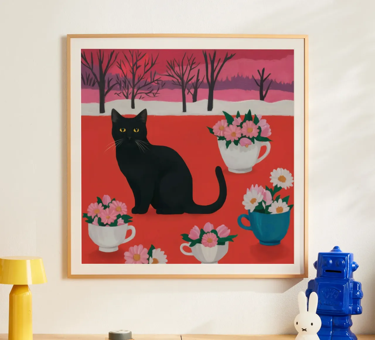 Campo di fiori del gatto nero poster con telaio in plastica da Flock Reverie