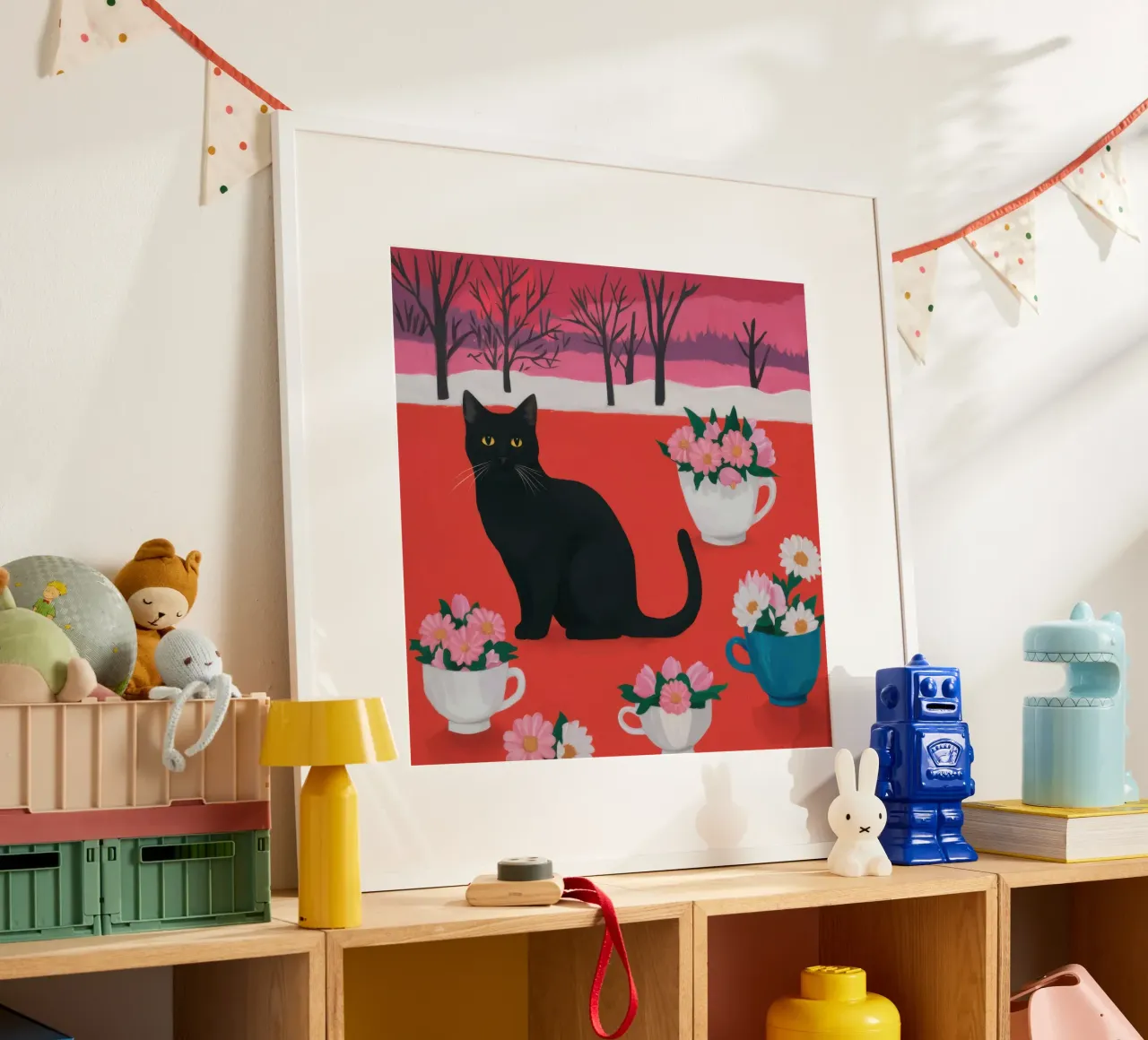Campo di fiori del gatto nero poster con telaio in plastica da Flock Reverie