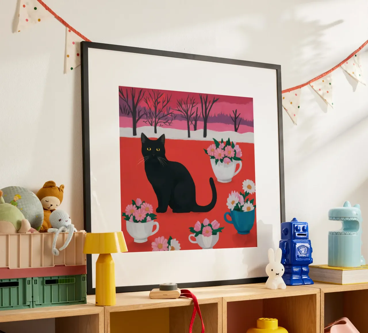 Campo di fiori del gatto nero poster con telaio in plastica da Flock Reverie