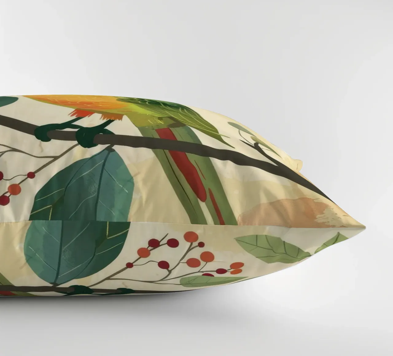 Pappagallo colorato appollaiato su un ramo circondato da foglie cuscino da DesignDoodle