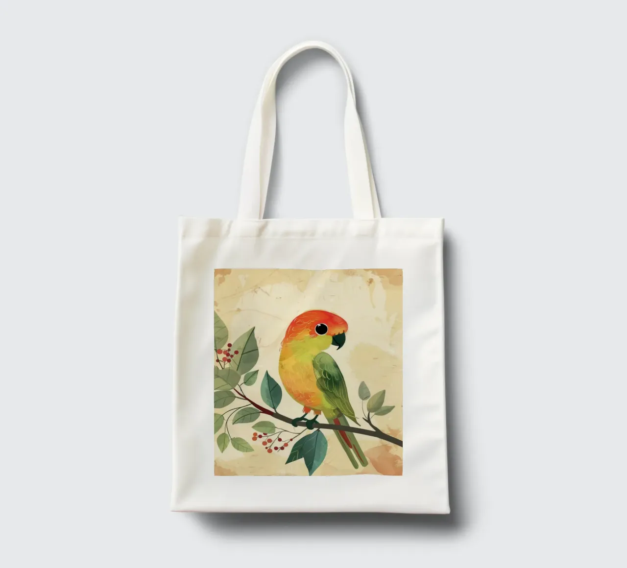 Pappagallo colorato appollaiato su un ramo circondato da foglie borsa in juta da DesignDoodle