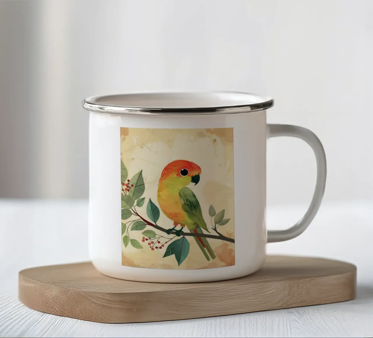 Pappagallo colorato appollaiato su un ramo circondato da foglie tazza in smalto da DesignDoodle