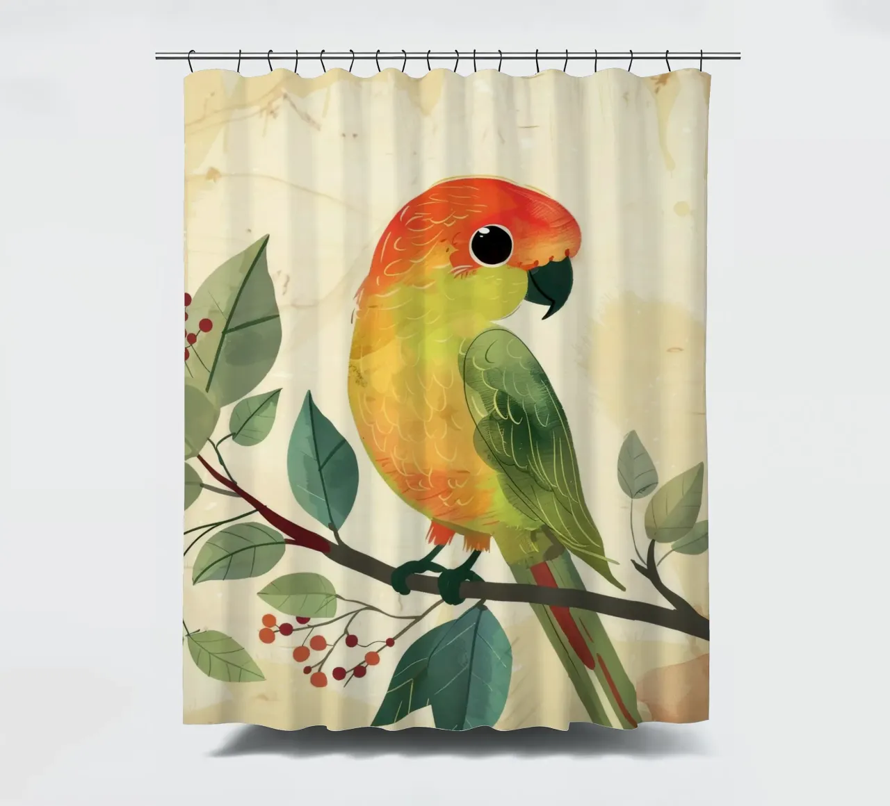 Bunter Papagei auf einem von Blättern umgebenen Zweig sitzend Duschvorhang von DesignDoodle