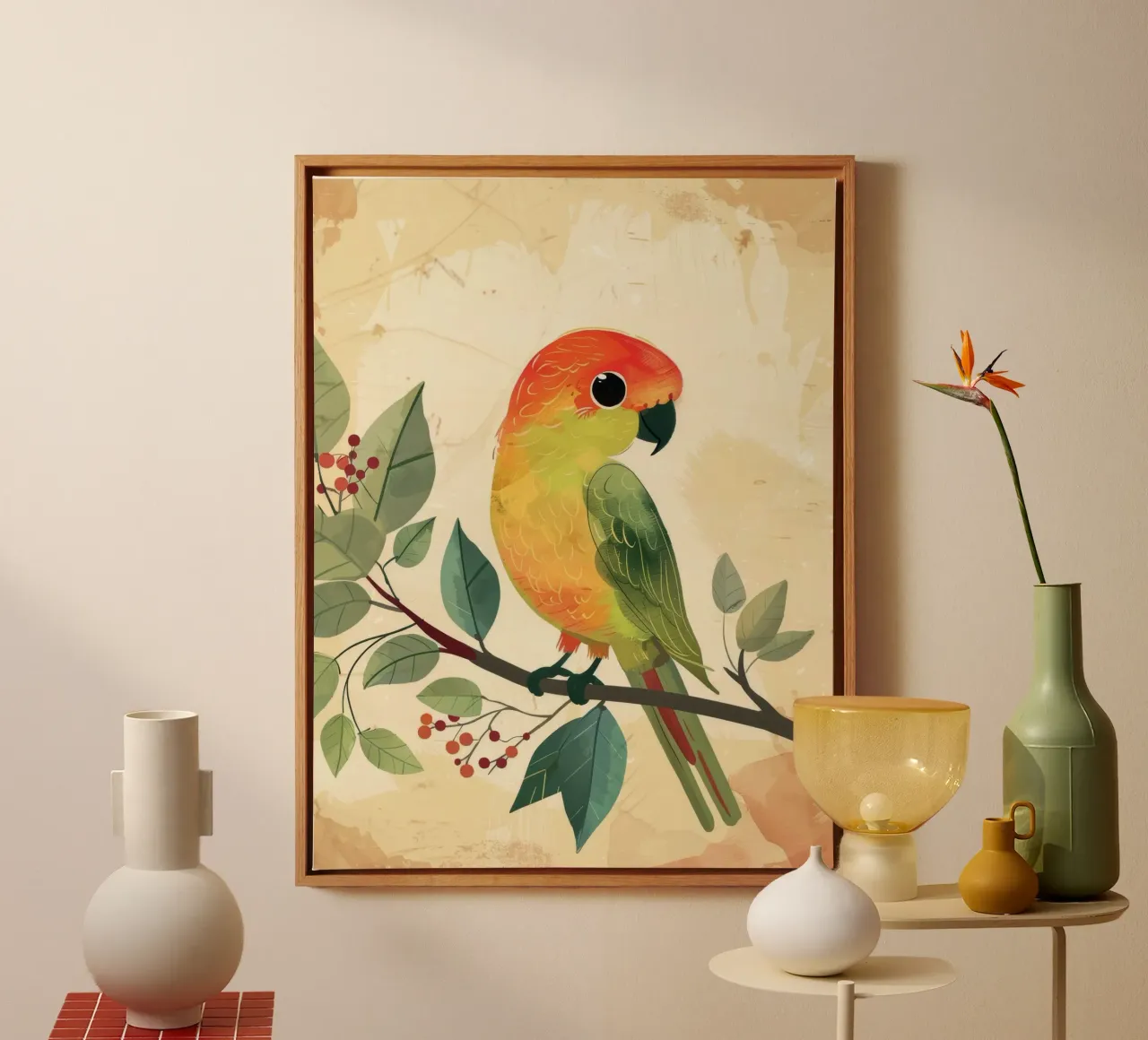 Colorful parrot perched on a branch surrounded by leaves canvas by DesignDoodle