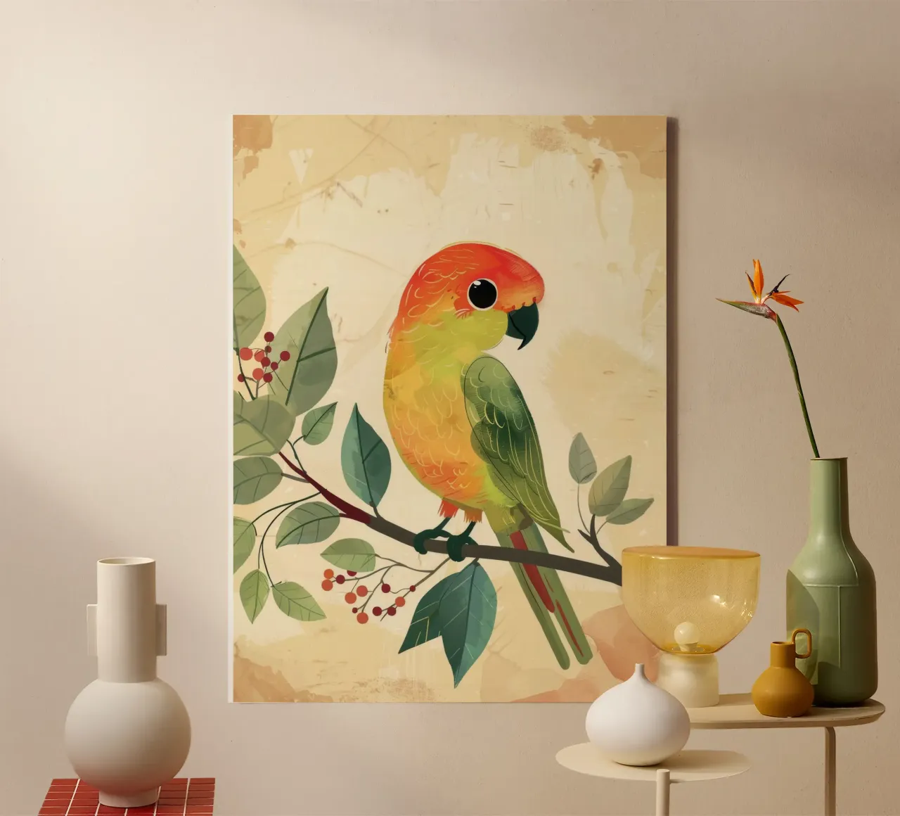 Colorful parrot perched on a branch surrounded by leaves canvas by DesignDoodle