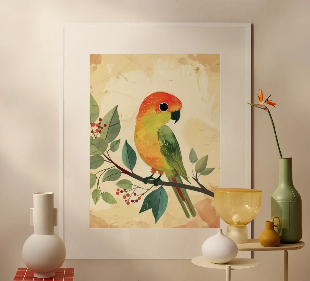 Perroquet coloré perché sur une branche entourée de feuilles poster de DesignDoodle