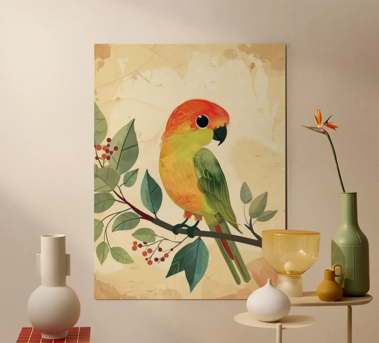 Perroquet coloré perché sur une branche entourée de feuilles poster de DesignDoodle