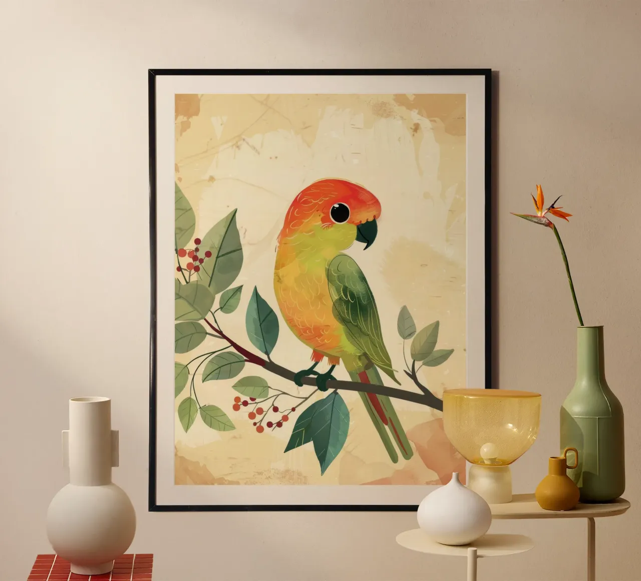 Perroquet coloré perché sur une branche entourée de feuilles poster de DesignDoodle