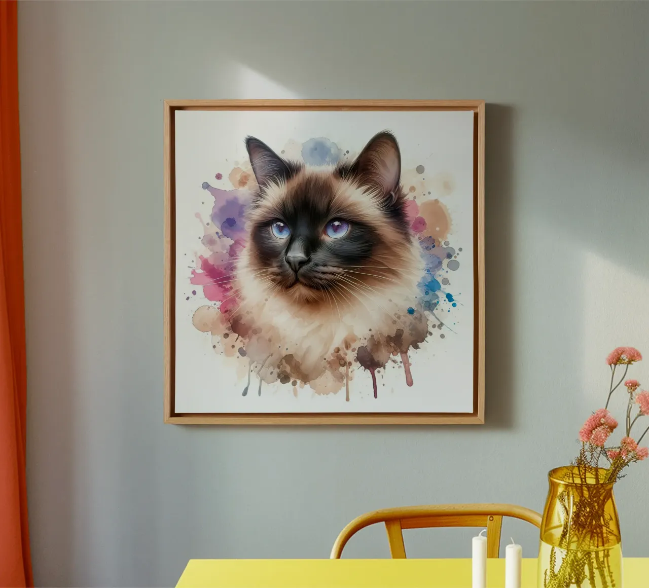 Ritratto ad acquerello di un gatto siamese tela con Cornice a cassetta da 🥝 KIWI STORE