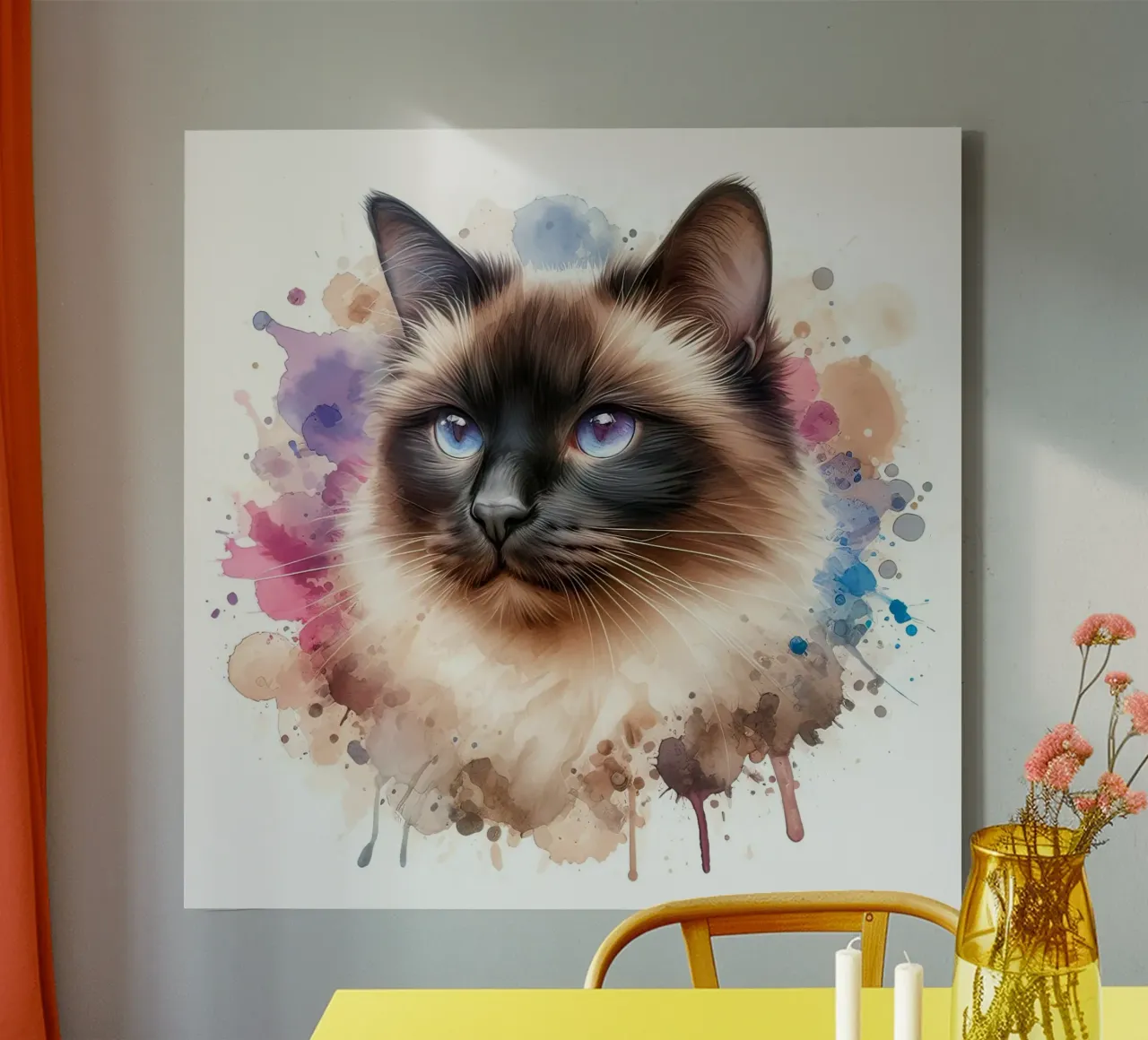Ritratto ad acquerello di un gatto siamese tela con Cornice a cassetta da 🥝 KIWI STORE