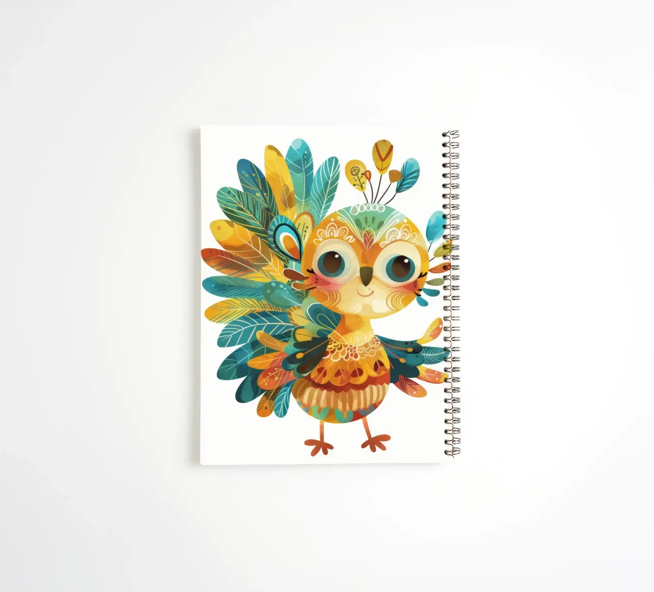 Cheerful Peacock with decorative feathers and whimsical spiral notebook by DesignDoodle