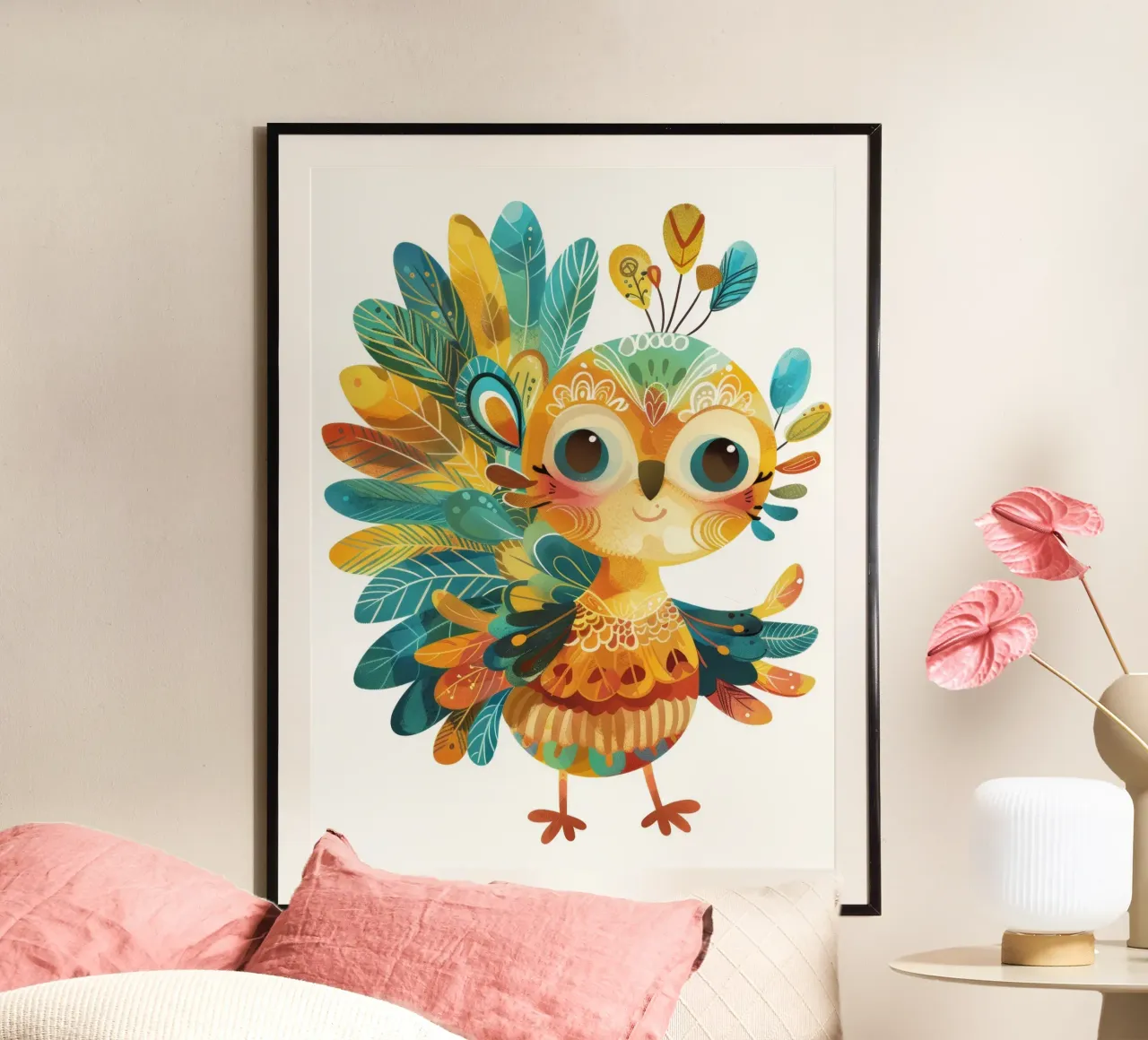 Allegro pavone con piume decorative e capriccioso poster con telaio in legno da DesignDoodle