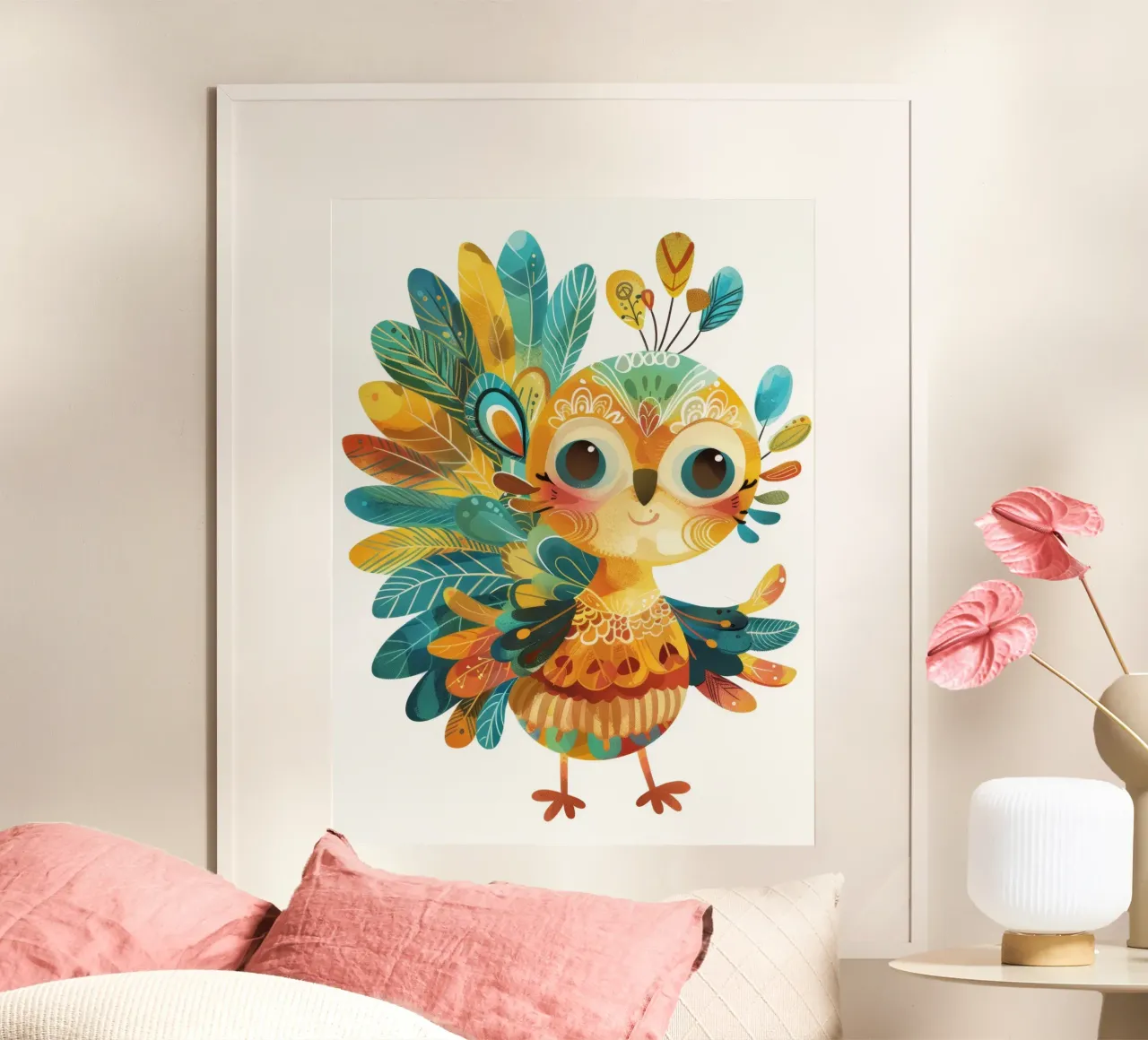 Allegro pavone con piume decorative e capriccioso poster con telaio in legno da DesignDoodle