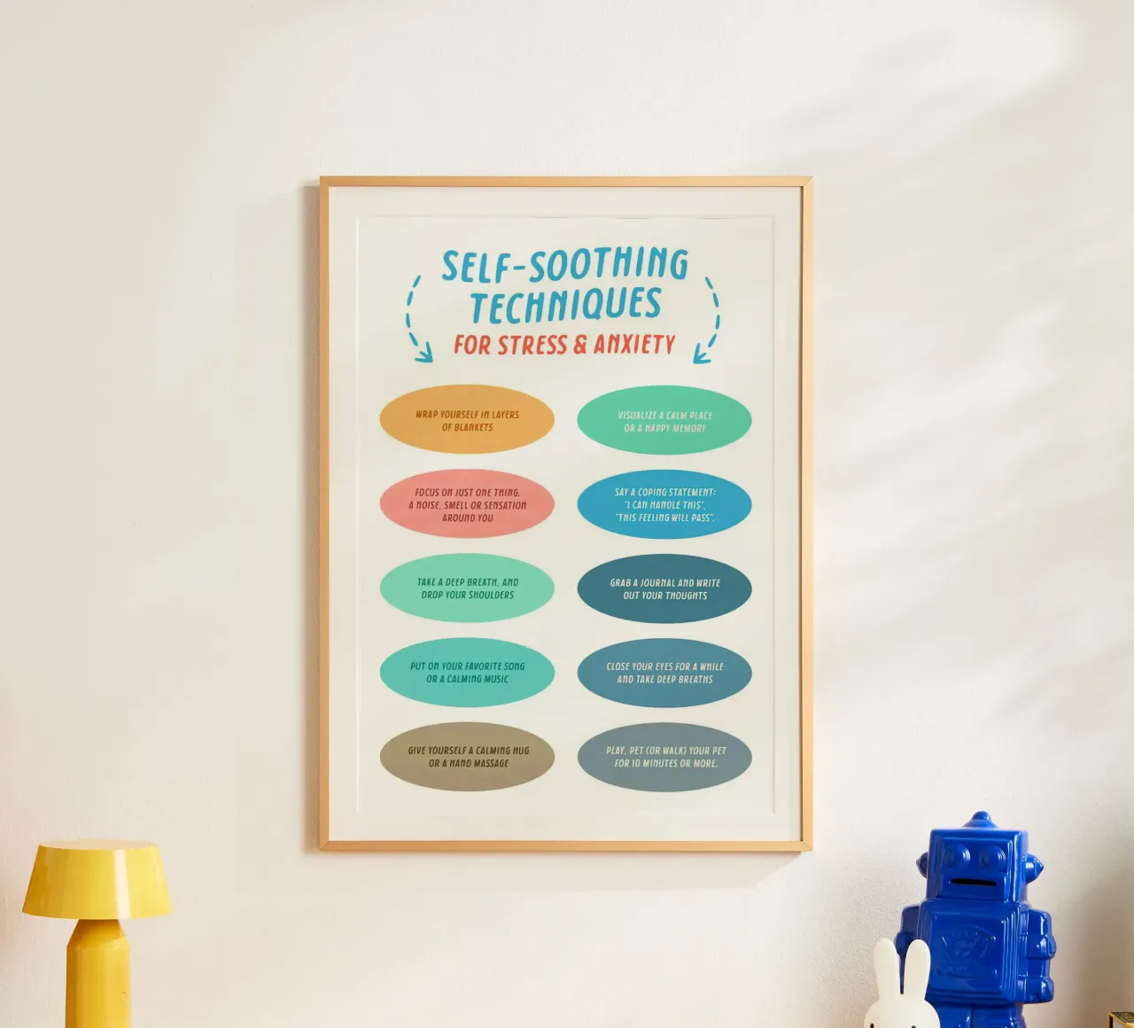 Zelfkalmerende technieken voor stress en angst poster met kunststof frame van Eva Rogers
