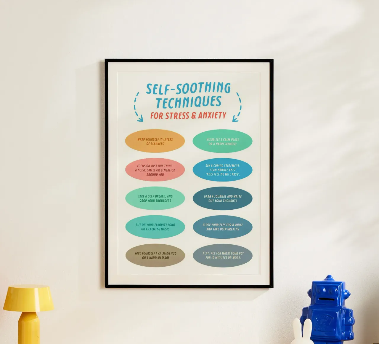 Zelfkalmerende technieken voor stress en angst poster met kunststof frame van Eva Rogers