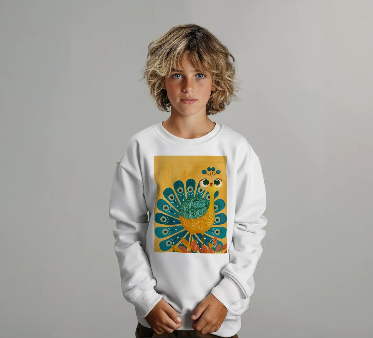 Pavone colorato con piume decorative e viso felice felpa bambino da DesignDoodle