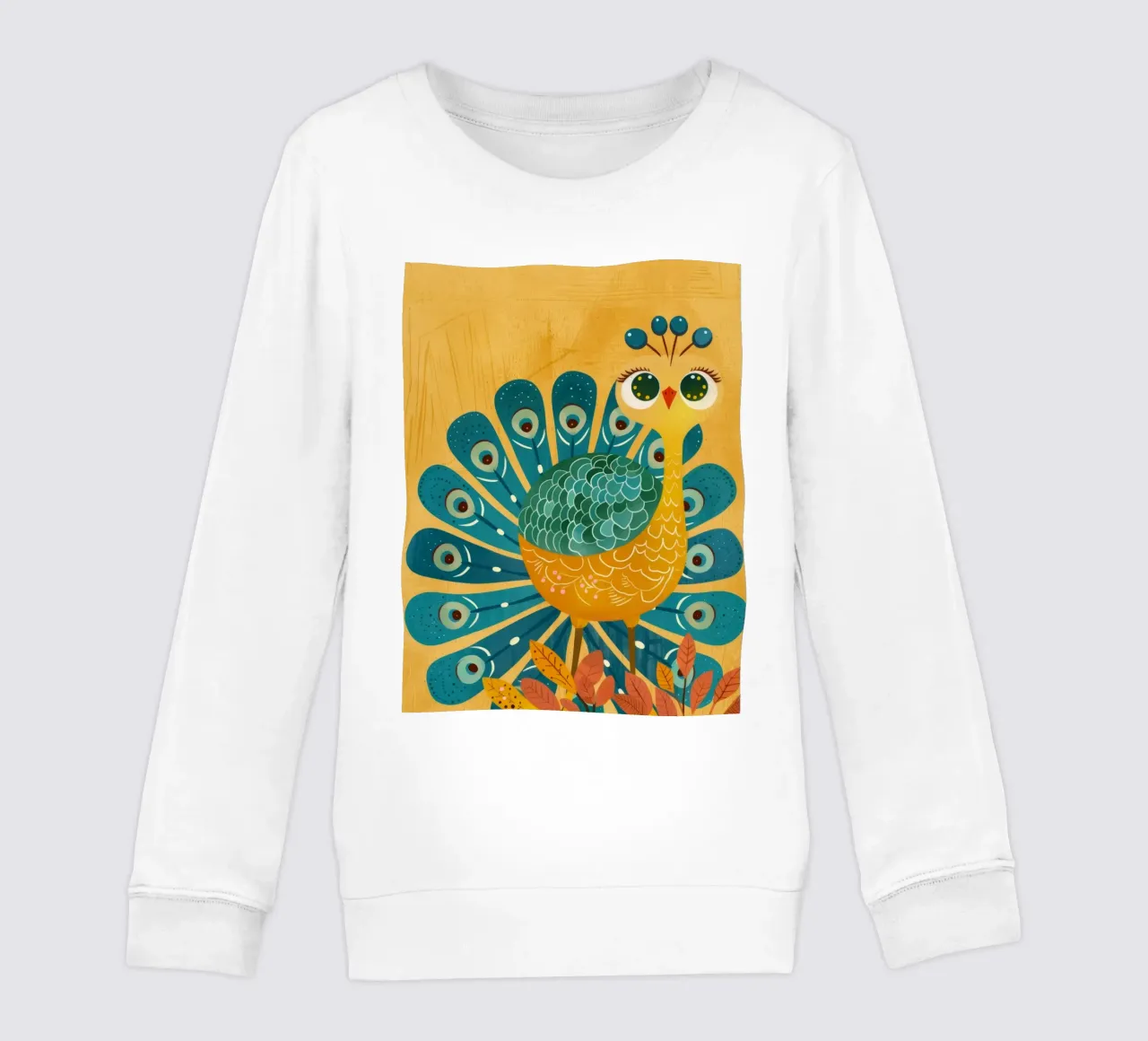 Pavone colorato con piume decorative e viso felice felpa bambino da DesignDoodle