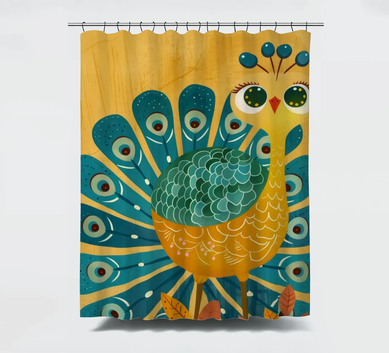 Pavone colorato con piume decorative e viso felice tenda da doccia da DesignDoodle