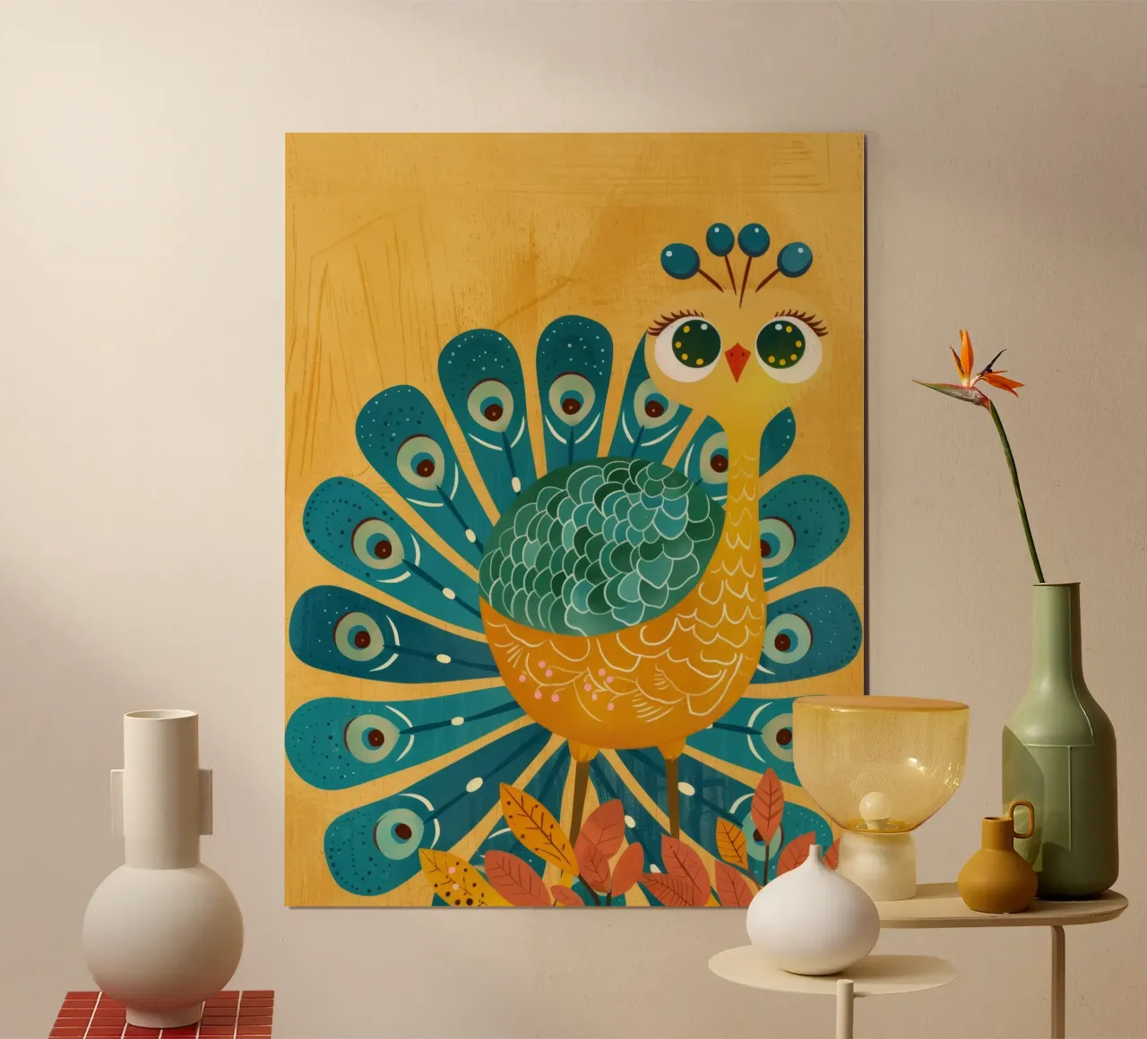 Pavone colorato con piume decorative e viso felice poster con telaio in alluminio da DesignDoodle