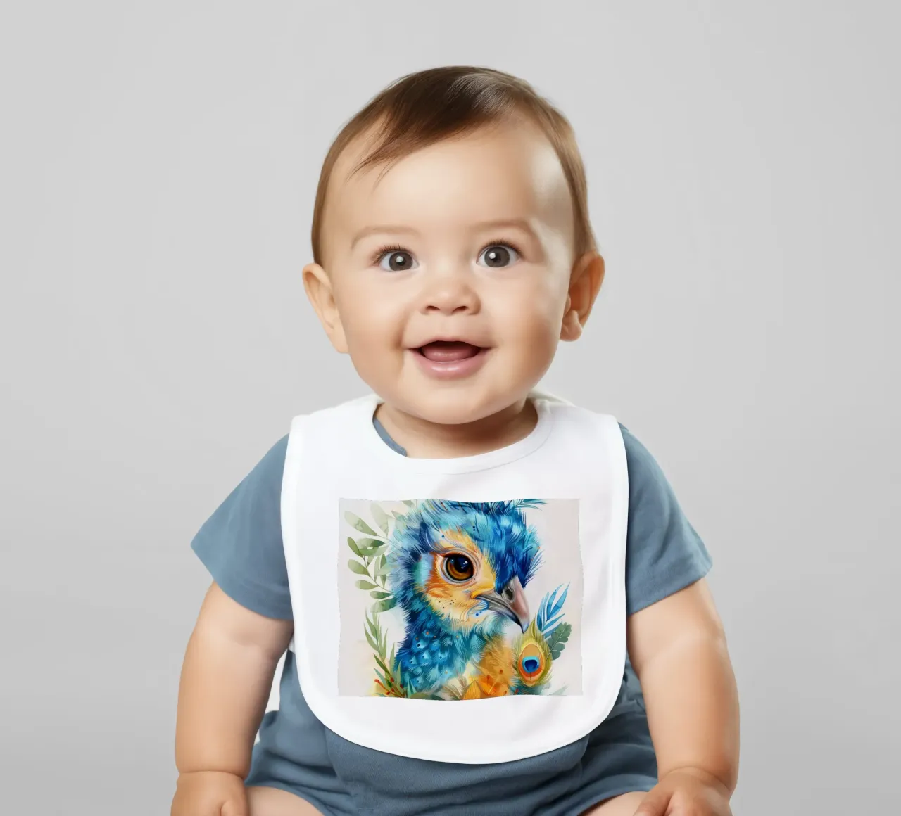 Schöner Pfau mit einzigartigem Gefieder umgeben von üppigem Babylätzchen von DesignDoodle
