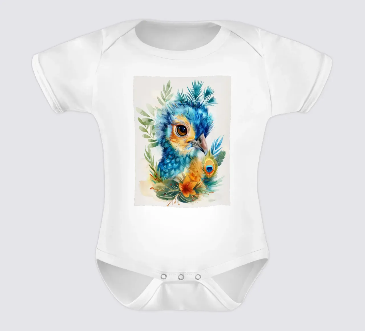 Schöner Pfau mit einzigartigem Gefieder umgeben von üppigem Kurzarm Babybody von DesignDoodle