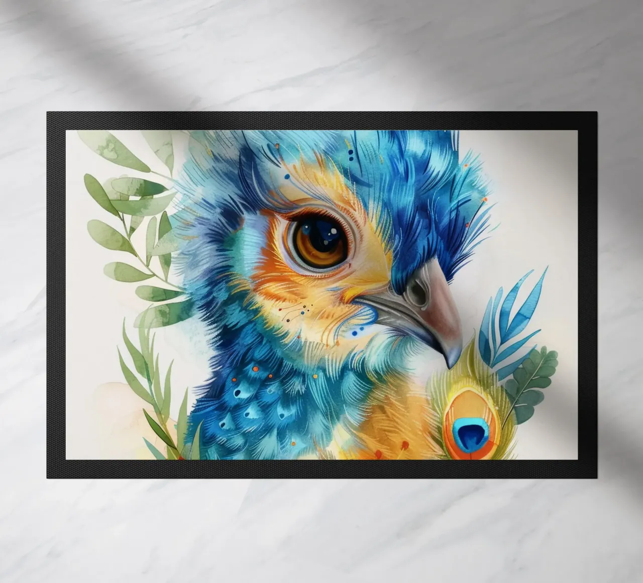 Bellissimo pavone con piume uniche, circondato da una vegetazione lussureggiante. zerbino da DesignDoodle