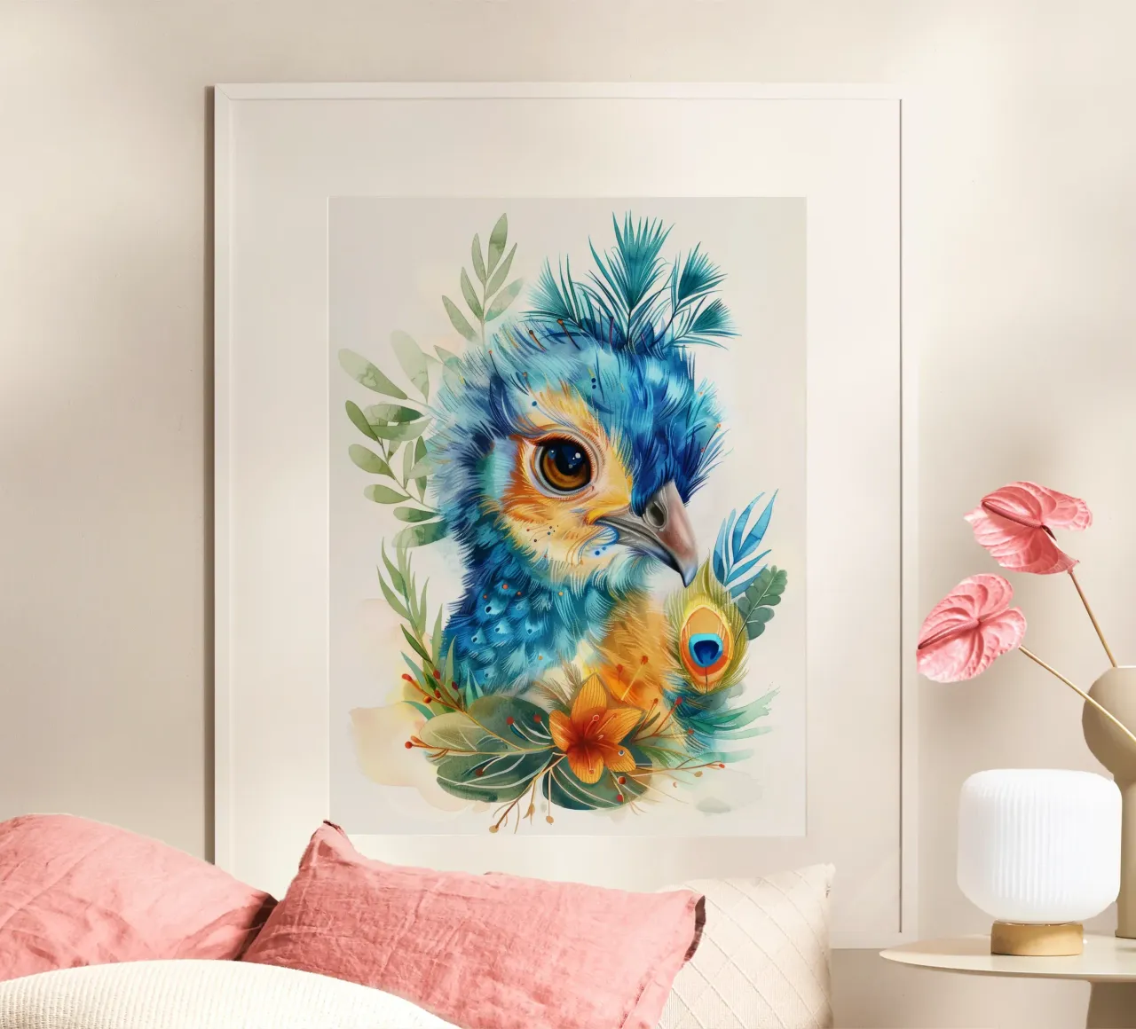 Bellissimo pavone con piume uniche, circondato da una vegetazione lussureggiante. poster da DesignDoodle