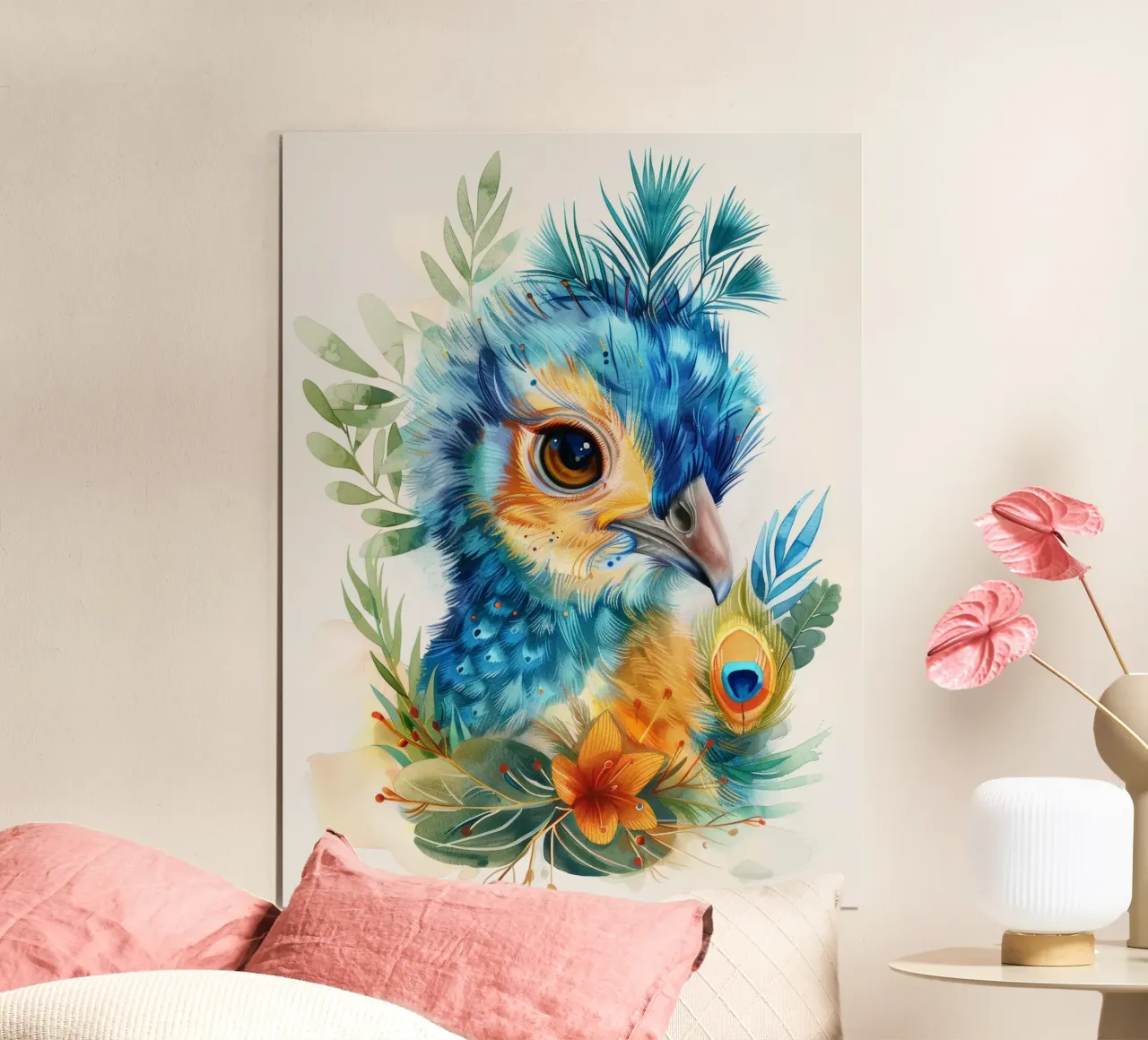 Bellissimo pavone con piume uniche, circondato da una vegetazione lussureggiante. poster da DesignDoodle