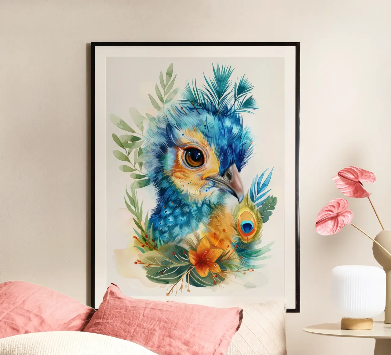 Bellissimo pavone con piume uniche, circondato da una vegetazione lussureggiante. poster da DesignDoodle