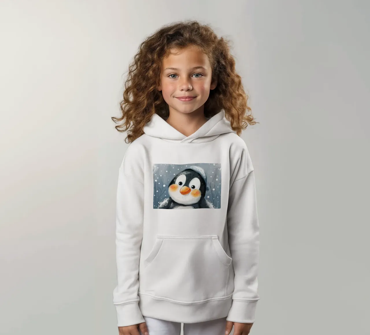 Cute penguin waddles through the snow in a winter wonderland kids hoodie by DesignDoodle