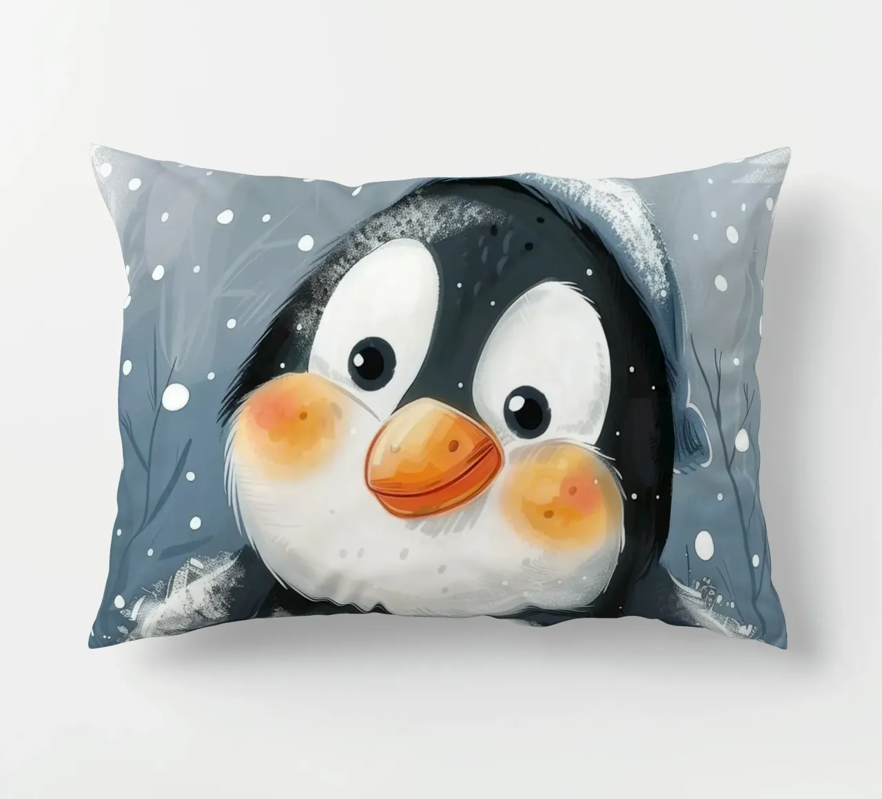 Un simpatico pinguino sguazza nella neve in un paese delle meraviglie invernale cuscino da DesignDoodle