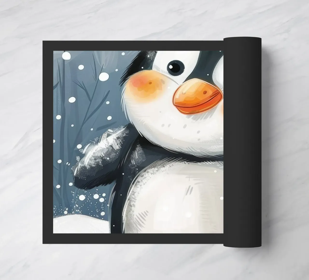 Un simpatico pinguino sguazza nella neve in un paese delle meraviglie invernale zerbino da DesignDoodle